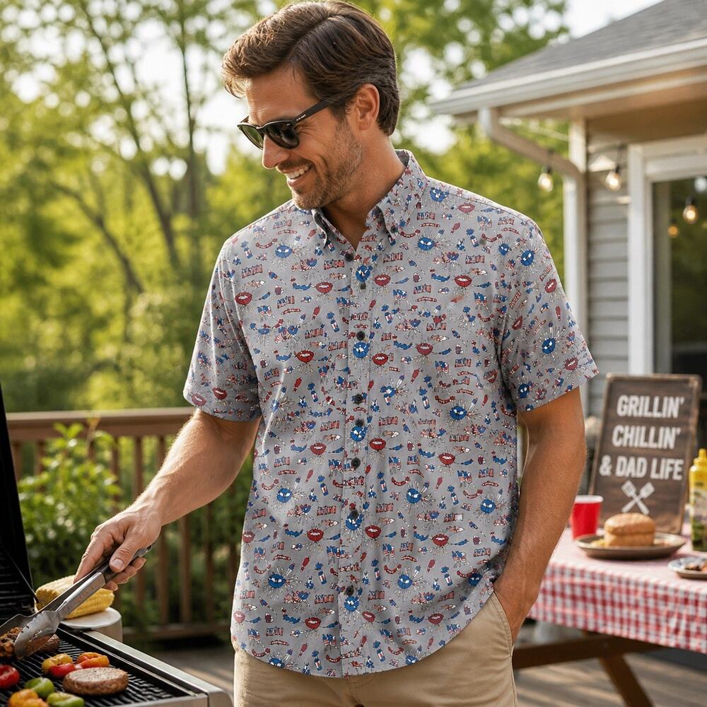 Sun River Men BBQ Shirt L Patriotic Beer Grill 4th July Cookout Dad American USA